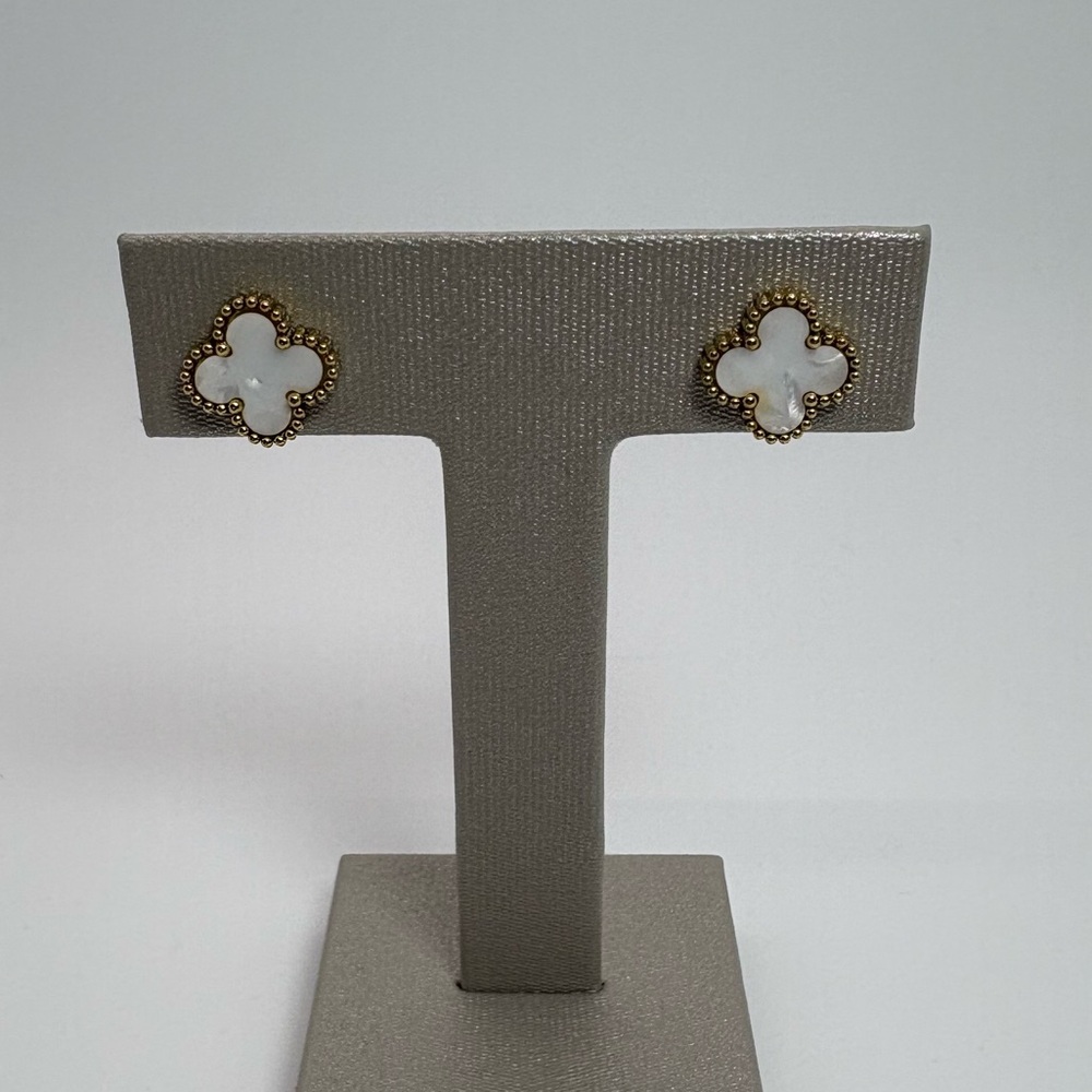 Mother of Pearl Four Leaf Clover Stud Gold Tone Earrings